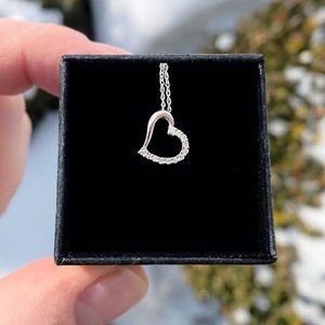 10k Solid White Gold Genuine Diamond Heart Petite Necklace (18 inch)